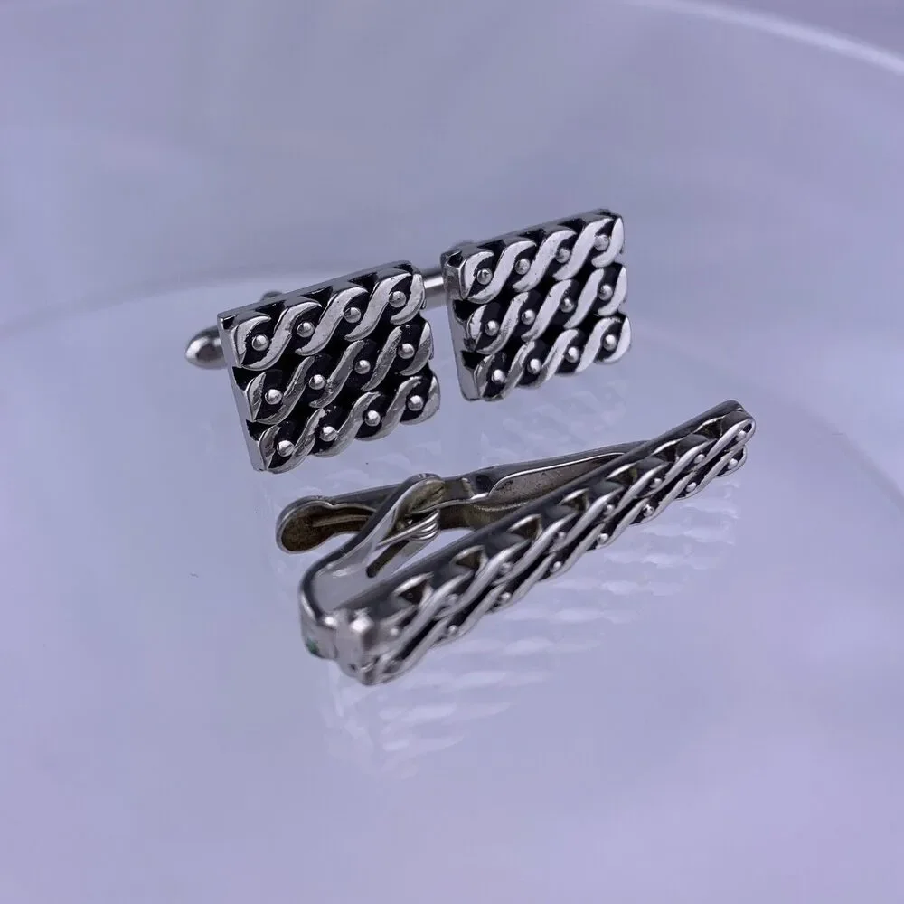 Modernist Scroll Twist Silver Tone Cufflinks Tie Clip Swank Geometric Vintage